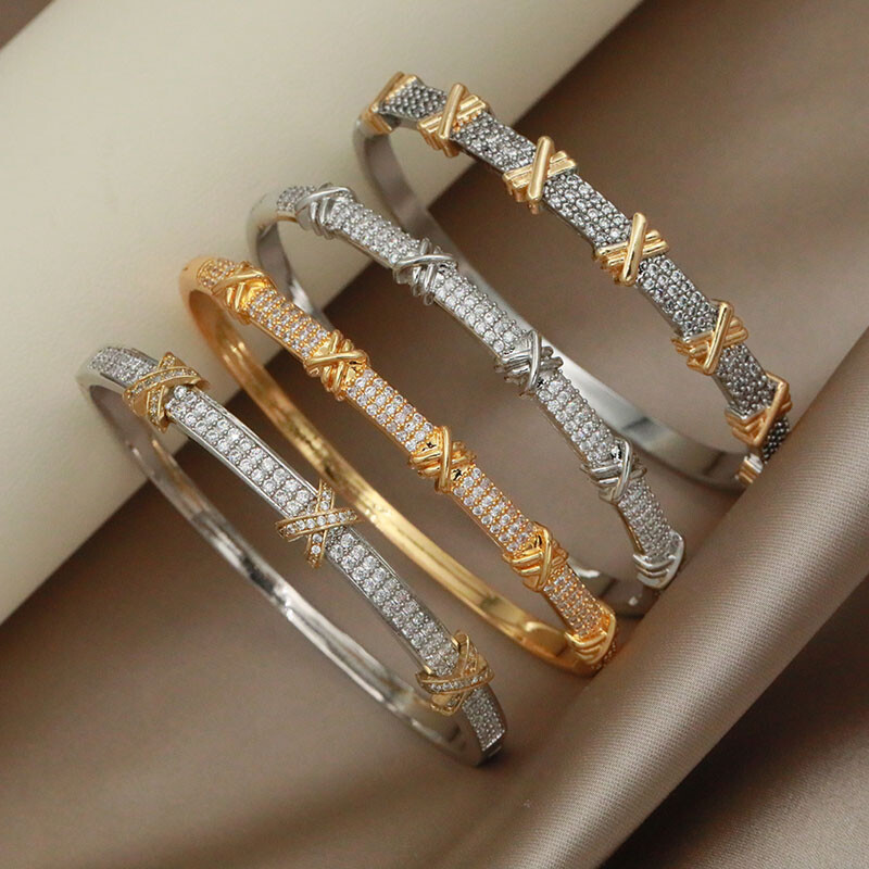 Brățări și brățare în cruce de zircon cubic de cristal clasic, cu scrisoare, brățară de mireasă, bijuterii de marcă de modă Ins