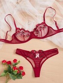 Dantela roșie Lenjerie sexy cu broderie fantezie Set erotic Set de lenjerie intima transparentă pentru femei Seturi frumoase de sutien și chiloți din plasă cu flori