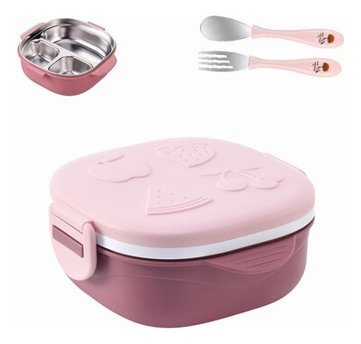 Cutie de prânz pentru copii Cutie Bento roz Veselă ecologică Recipient pentru alimente din oțel inoxidabil cu 3 grile cu lingură Furculiță Accesorii de bucătărie