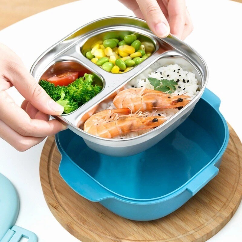 Cutie de prânz pentru copii Cutie Bento roz Veselă ecologică Recipient pentru alimente din oțel inoxidabil cu 3 grile cu lingură Furculiță Accesorii de bucătărie