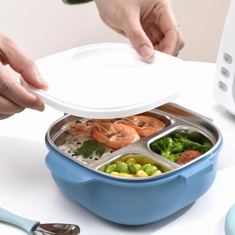 Cutie de prânz pentru copii Cutie Bento roz Veselă ecologică Recipient pentru alimente din oțel inoxidabil cu 3 grile cu lingură Furculiță Accesorii de bucătărie