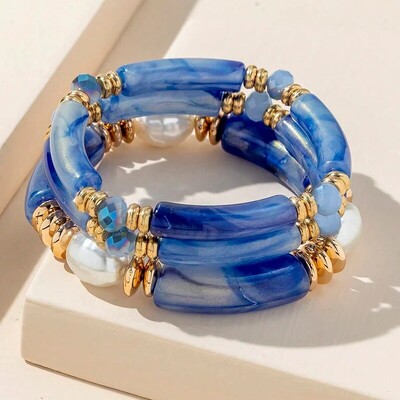 Set 3 bucăți brățară elastică din rășină cu design vintage, bambus albastru, culoare aurie, brățară de perle distanțier, roz verde, opțiune de culoare cafea