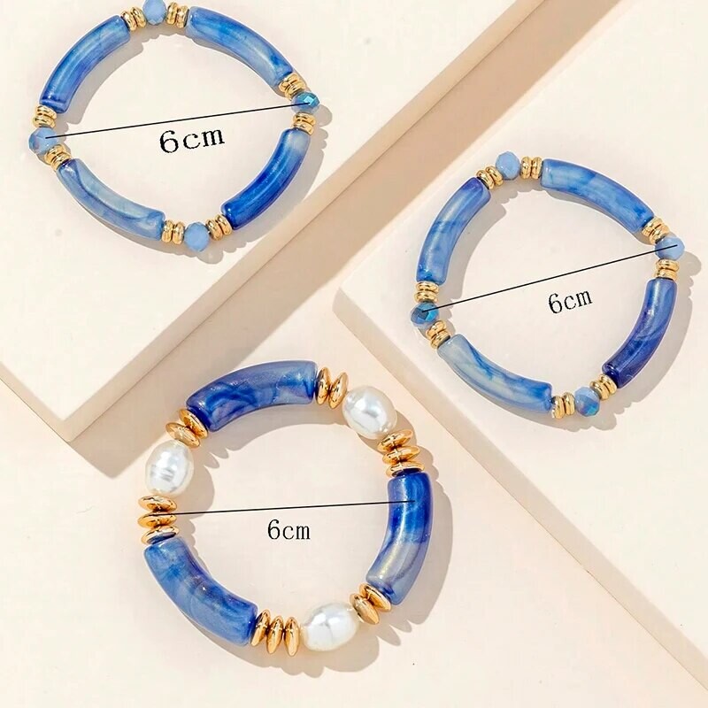 Set 3 bucăți brățară elastică din rășină cu design vintage, bambus albastru, culoare aurie, brățară de perle distanțier, roz verde, opțiune de culoare cafea