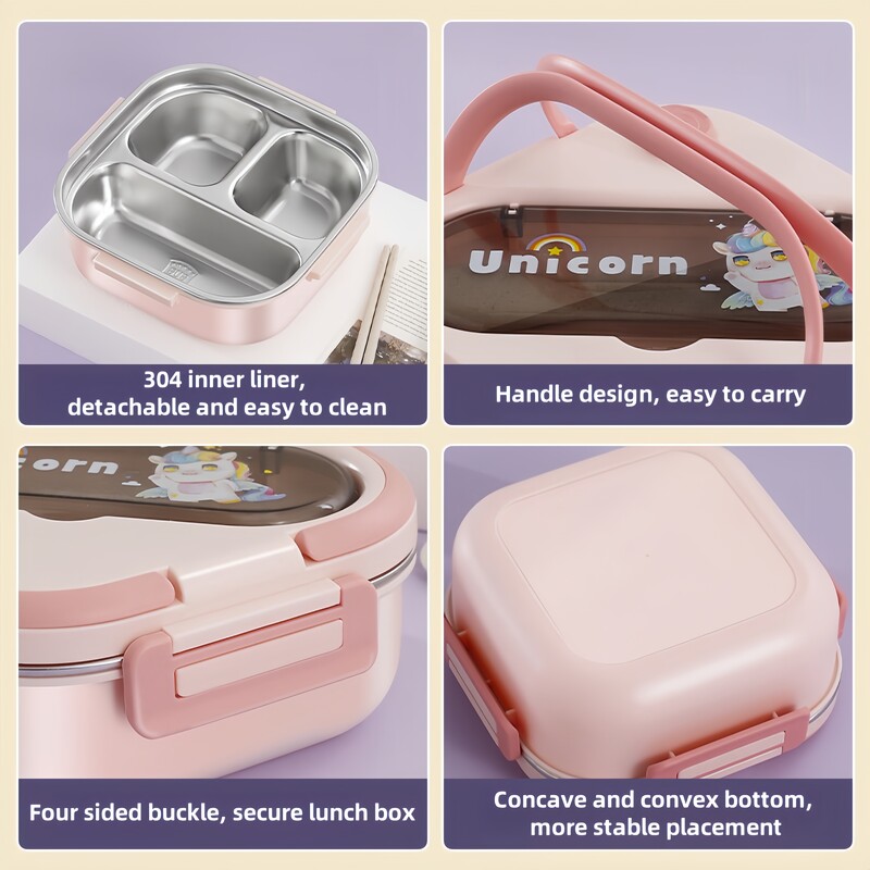 Jednorog od nehrđajućeg čelika s 3 rešetke Kutija za ručak za studente Sendvič za studente Posuda za pohranu hrane s crtanim filmom Dječja kutija za bento Schoo