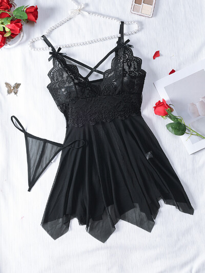 Lenjerie sexy roșie transparentă Lenjerie de corp pentru femei Lenjerie de dormit transparentă Cămașă de noapte și chiloți Seturi de pijamale pentru femeie Sexy