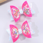 2 бр. Блестящи щипки за коса с плаващи пясъци и лъкове за малки момичета Сладки щипки за коса с лъскави лъкове Карикатурни аксесоари за коса Подарък за рожден ден