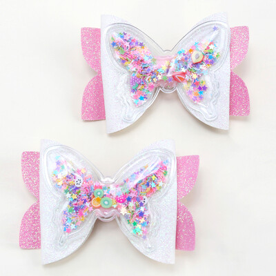 2 бр. Блестящи щипки за коса с плаващи пясъци и лъкове за малки момичета Сладки щипки за коса с лъскави лъкове Карикатурни аксесоари за коса Подарък за рожден ден