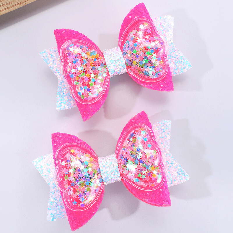 2 бр. Блестящи щипки за коса с плаващи пясъци и лъкове за малки момичета Сладки щипки за коса с лъскави лъкове Карикатурни аксесоари за коса Подарък за рожден ден