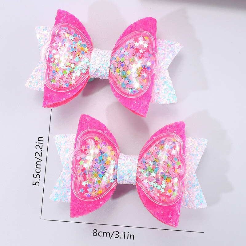 2 бр. Блестящи щипки за коса с плаващи пясъци и лъкове за малки момичета Сладки щипки за коса с лъскави лъкове Карикатурни аксесоари за коса Подарък за рожден ден