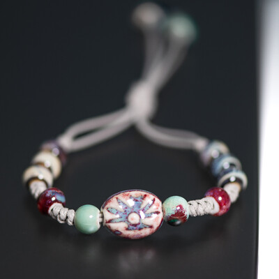 Ručno izrađena keramička narukvica s privjeskom za sunce, podesiva voštana vrpca 12-28 cm u starinskom stilu