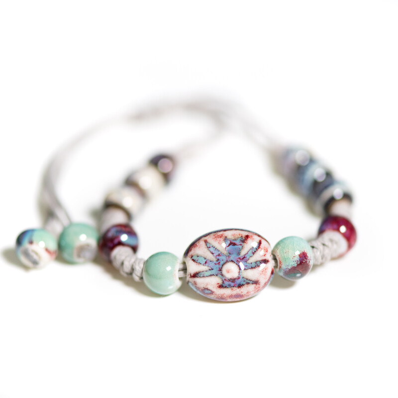 Ručno izrađena keramička narukvica s privjeskom za sunce, podesiva voštana vrpca 12-28 cm u starinskom stilu