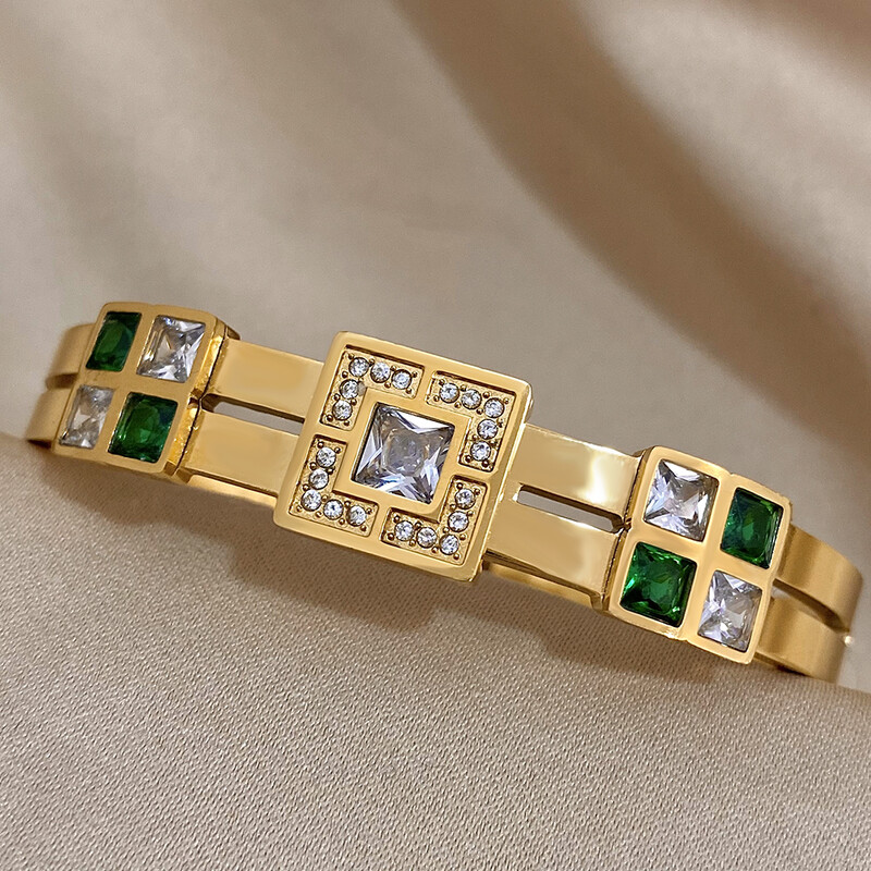 Brățară de lux, verde smarald, alb, zircon, din oțel inoxidabil, brățară cu manșetă, farmec italian, CZ mare, brățări rezistente la apă, bijuterii