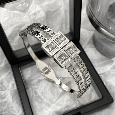 Brățară cu manșetă din oțel inoxidabil cu zirconiu pătrat de lux, pentru femei, impermeabilă, geometrică, de culoare auriu, argintiu, bijuterii.