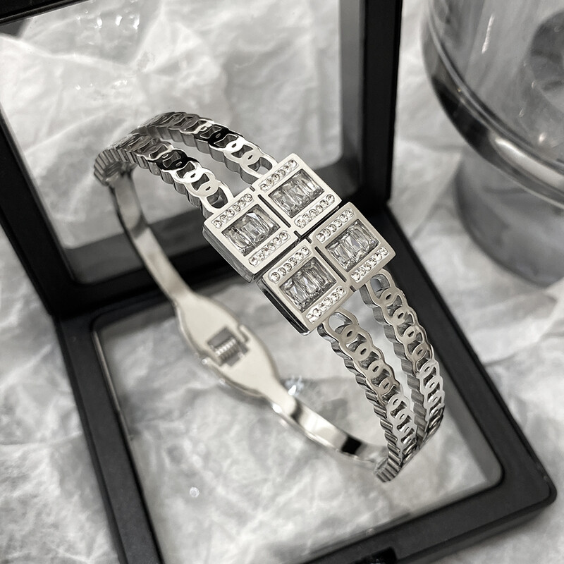 Brățară cu manșetă din oțel inoxidabil cu zirconiu pătrat de lux, pentru femei, impermeabilă, geometrică, de culoare auriu, argintiu, bijuterii.