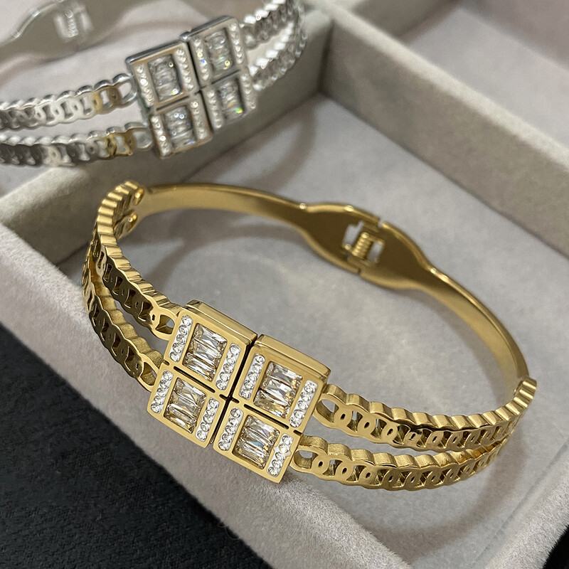 Brățară cu manșetă din oțel inoxidabil cu zirconiu pătrat de lux, pentru femei, impermeabilă, geometrică, de culoare auriu, argintiu, bijuterii.