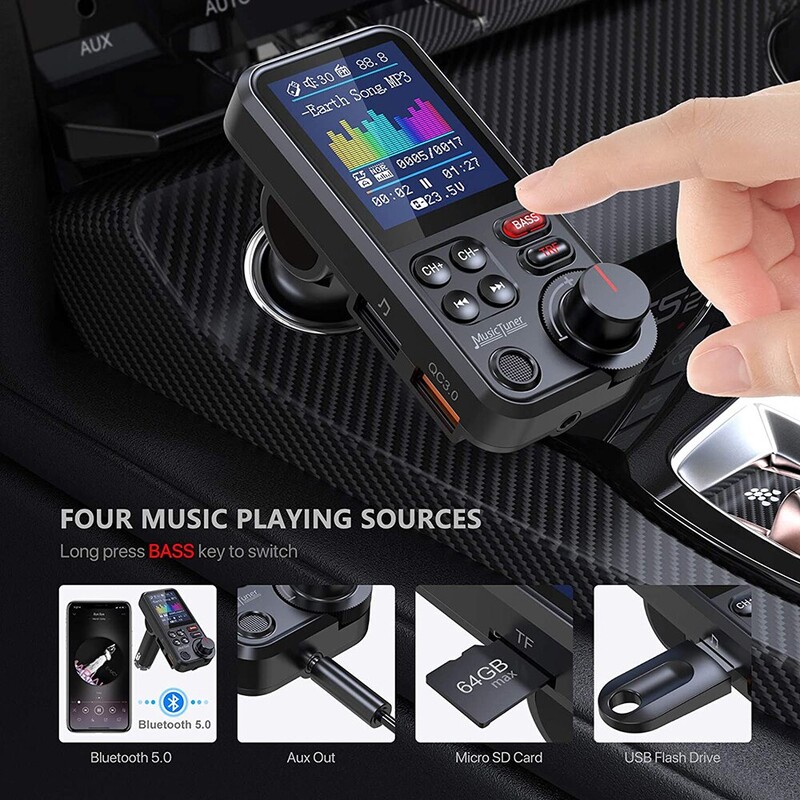 Transmițător FM Bluetooth pentru mașină fără fir de 1,8 inci, suportă QC3.0 încărcare înalte și bass player muzical