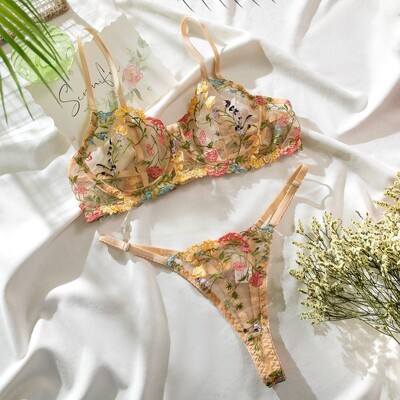 Set de lenjerie cu broderie din 2 piese, sexy, florală, transparentă, fără fir, set de sutien boho sutien