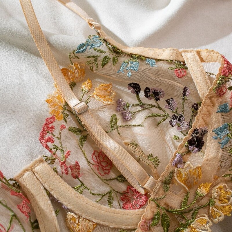 Set de lenjerie cu broderie din 2 piese, sexy, florală, transparentă, fără fir, set de sutien boho sutien