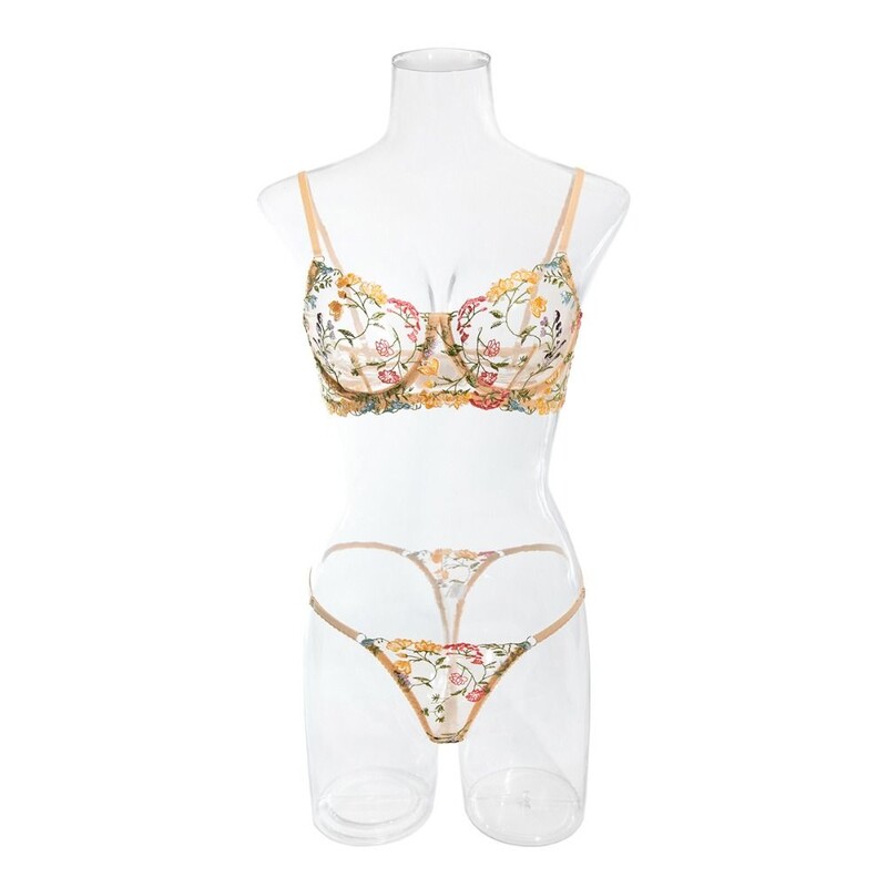 Set de lenjerie cu broderie din 2 piese, sexy, florală, transparentă, fără fir, set de sutien boho sutien
