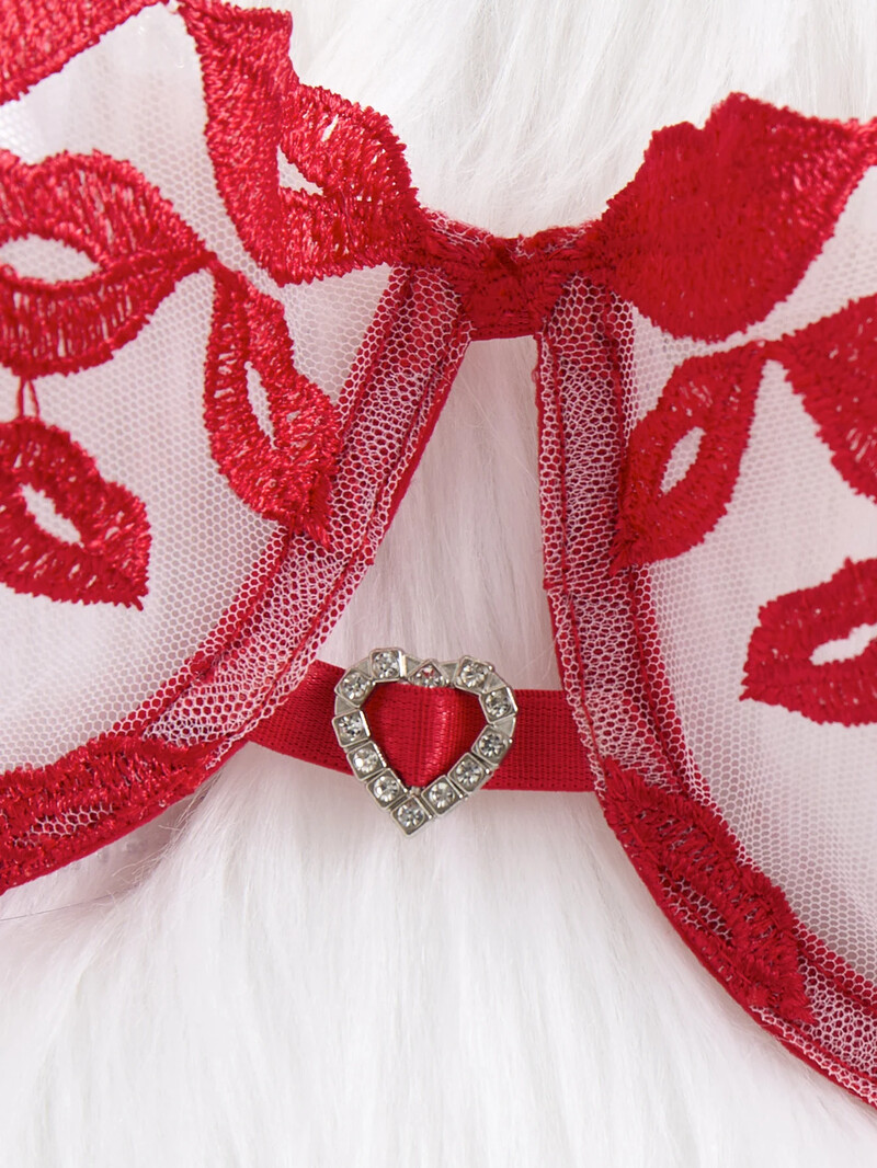 Set de lenjerie sexy cu broderie buzelor roșii Set sutien Lenjerie intima Design scobit Tema Ziua Îndrăgostiților Îmbrăcăminte intima feminină