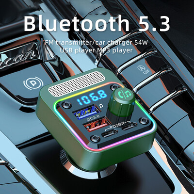 FM siųstuvas Bluetooth 5.3 automobilinė muzika USB grotuvas MP3 grotuvas žemųjų dažnių laisvų rankų skambutis automobilinis įkroviklis 54W greitas įkrovimas PD36W QC3.0 18W