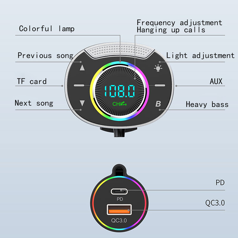 LED Auto Bluetooth 5.3 Transmițător FM Auto Adaptor AUX de 3,5 mm MP3 Player PD30W QC18W Încărcător rapid auto Apeluri hands-free Kit auto