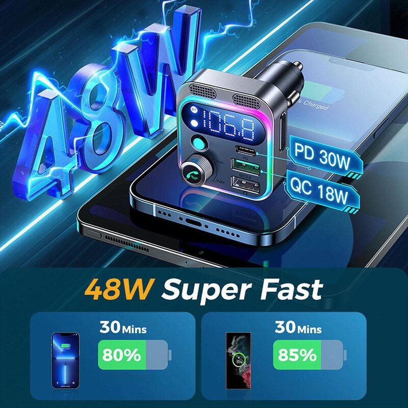 Automobilski Bluetooth 5.0 FM odašiljač PD Type-C Dual USB 3.1A Brzi punjač Šareno ambijentalno svjetlo Handsfree MP3 Modulator Player