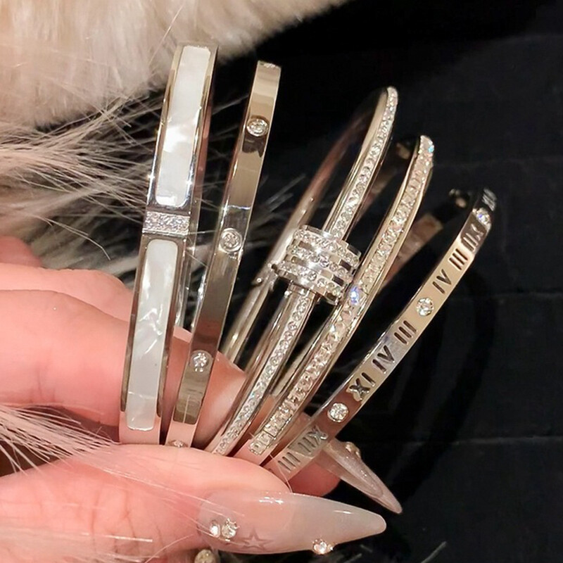 1 bucată brățară din oțel titan argint, stil clasic la modă, brățară din oțel inoxidabil, încrustată cu zircon, pentru ținute zilnice pentru femei