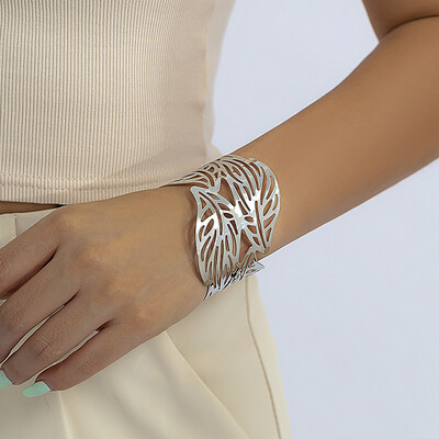 Lacteo Trendy Hollow Wide Cuff Narukvica List Flower Oblik Otvaranje Zlatna Boja Velika Narukvica za Žene Modni Punk Ženski Nakit