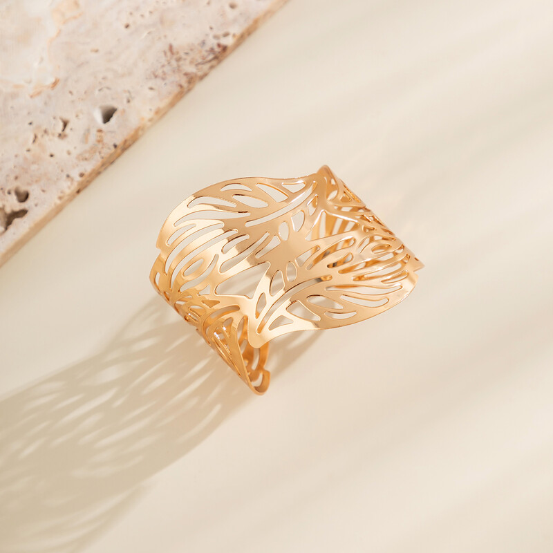 Lacteo Trendy Hollow Wide Cuff Narukvica List Flower Oblik Otvaranje Zlatna Boja Velika Narukvica za Žene Modni Punk Ženski Nakit