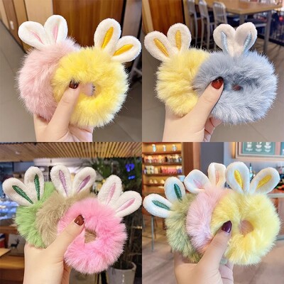 4 bucăți drăguț urechi de iepure de pluș Scrunchies Legături de păr Suport pentru coadă de cal pufos Elastice de păr Scrunchy Spiral Hair Ring Accesoriu de păr