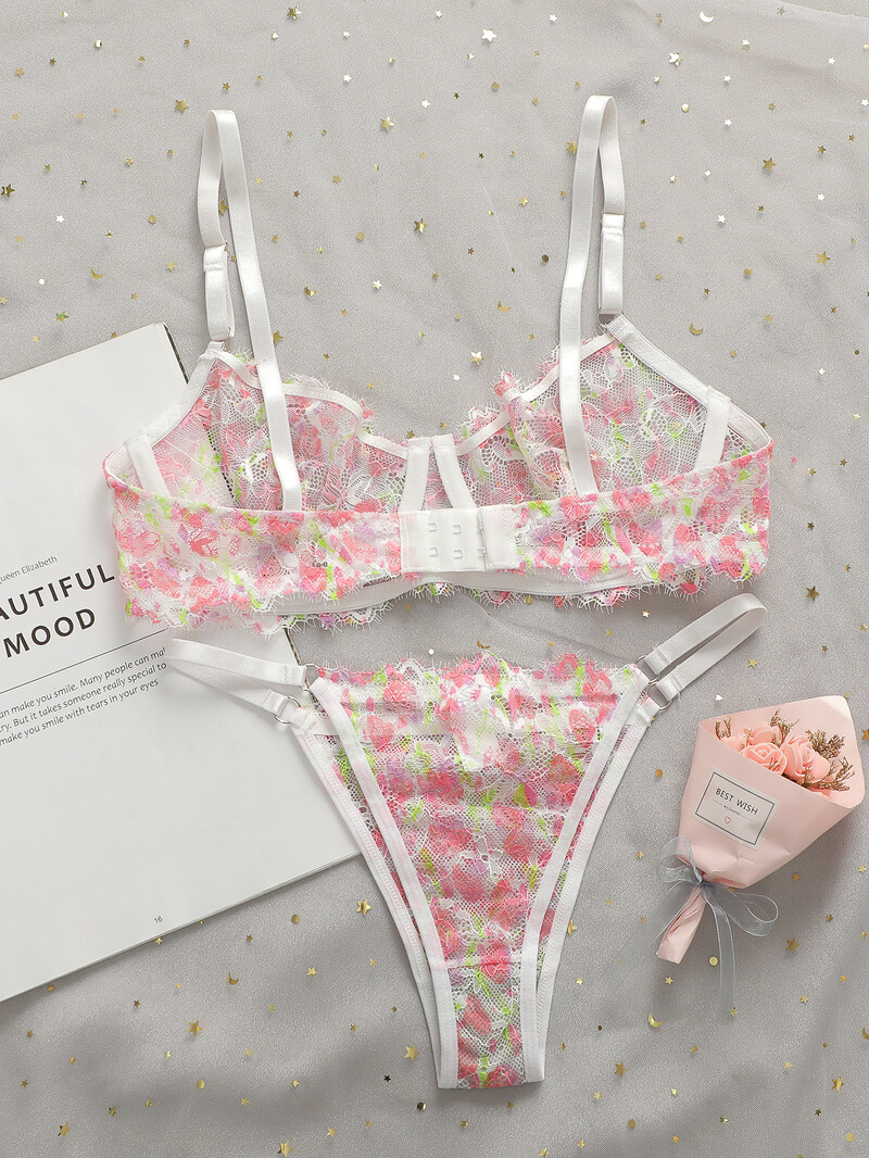 Set de lenjerie de corp pentru sutien cu margini de oțel pentru femei, stil subțire, roz, proaspăt, casual și romantic, YS023