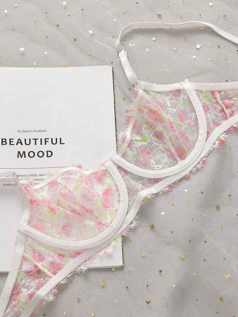 Set de lenjerie de corp pentru sutien cu margini de oțel pentru femei, stil subțire, roz, proaspăt, casual și romantic, YS023