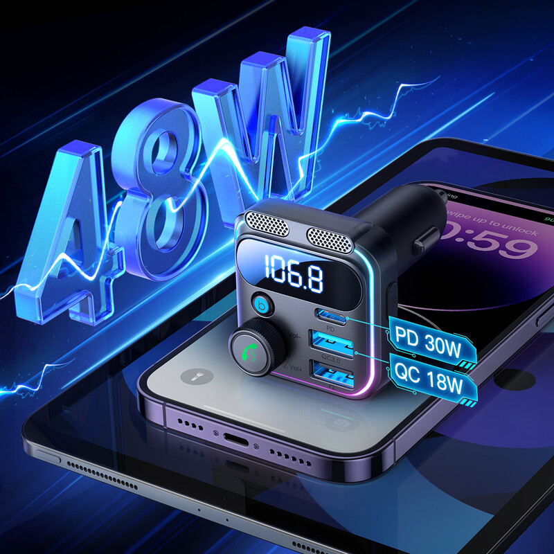 JOYROOM Bluetooth 5.3 FM raidītājs automašīnai 48W PD&QC3.0 automašīnas lādētāja adapteris Bluetooth un U disks, divi mikrofoni, brīvroku zvani