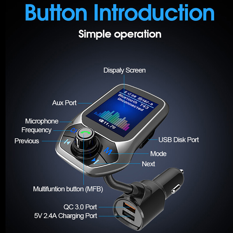 Zaslon u boji 1,8 inča Bluetooth-kompatibilan Handsfree komplet za automobil 3 USB priključka QC3.0 punjač za auto FM odašiljač MP3 glazbeni uređaj za automobil