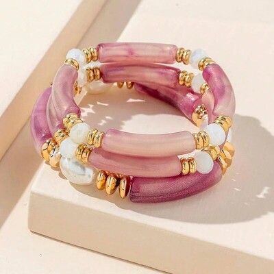 Set od 3 KOM Vintage dizajn smole Elastična narukvica Plava bambus zlatna boja Razmaknica biserna narukvica Ružičasto zelena opcija boja kave