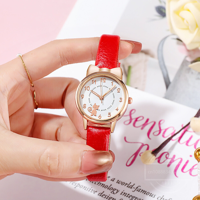 Moda Copii Lovely Cat Cadran Digital Set Ceas Copii Curea Piele Ceasuri Cuart Copii Fete Ceas Ceas Copii