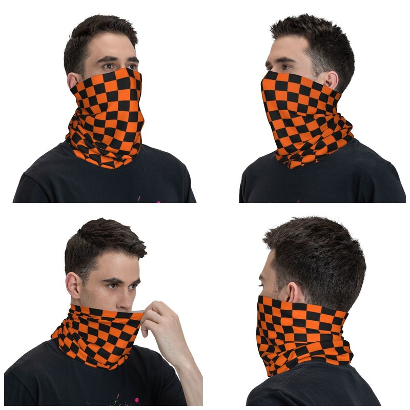 Bandana colorată, geometrică, în carouri, negru și portocaliu, pentru gât, imprimată, pentru curse, pentru motociclete, eșarfă magică, eșarfă pentru ciclism cu utilizare multiplă