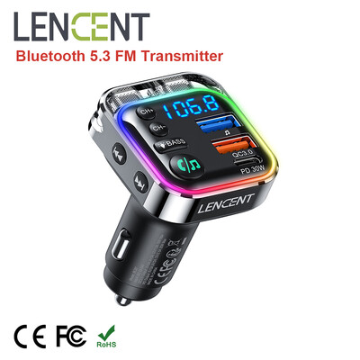 LENCENT Bluetooth 5.3 FM siųstuvas su PD 30W ir QC3.0 greitu įkrovikliu Bluetooth automobiliniu adapteriu Hi-Fi muzikos / aiškaus skambinimo automobilio rinkinys