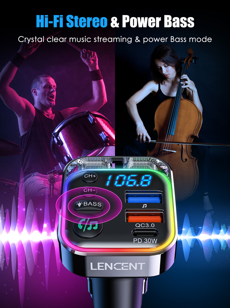 Transmițător FM LENCENT Bluetooth 5.3 cu PD 30W și QC3.0 Încărcător rapid Adaptor auto Bluetooth Muzică Hi-Fi/Kit auto pentru apelare clară