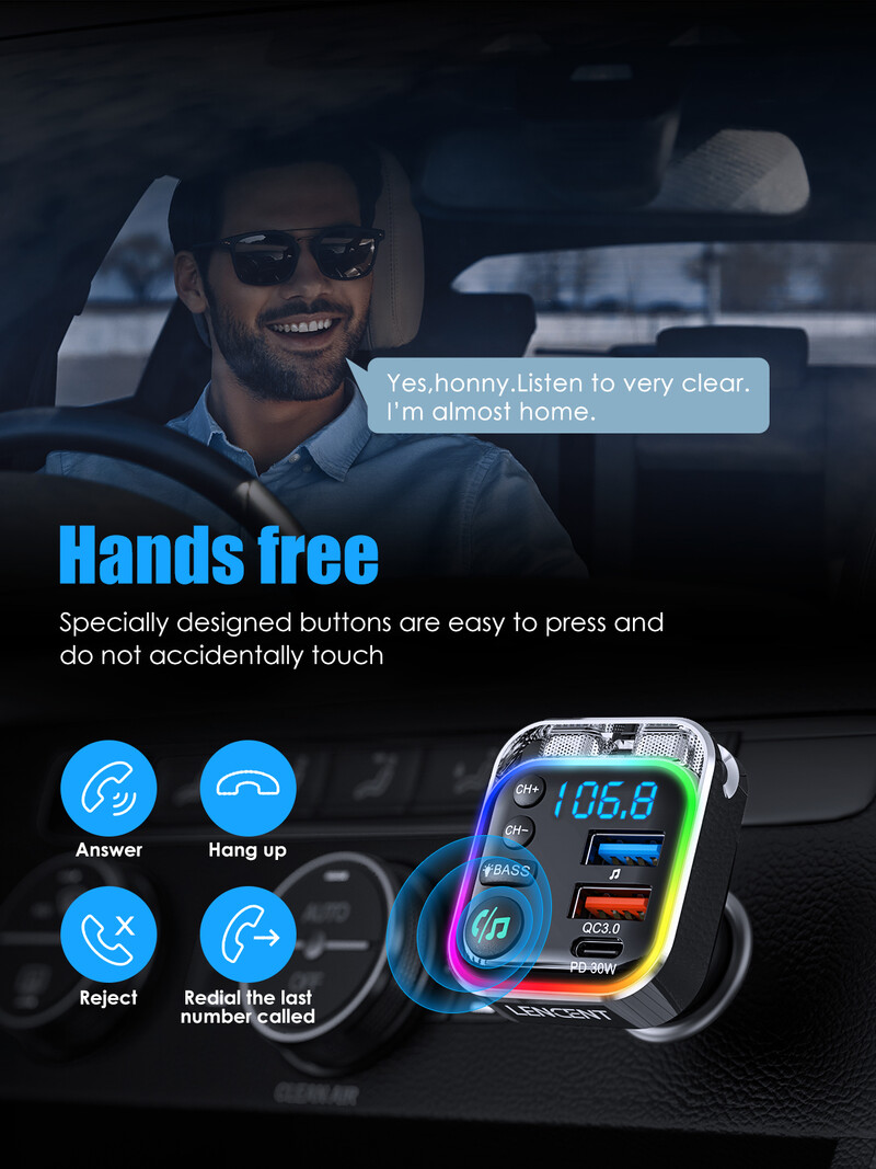 Transmițător FM LENCENT Bluetooth 5.3 cu PD 30W și QC3.0 Încărcător rapid Adaptor auto Bluetooth Muzică Hi-Fi/Kit auto pentru apelare clară