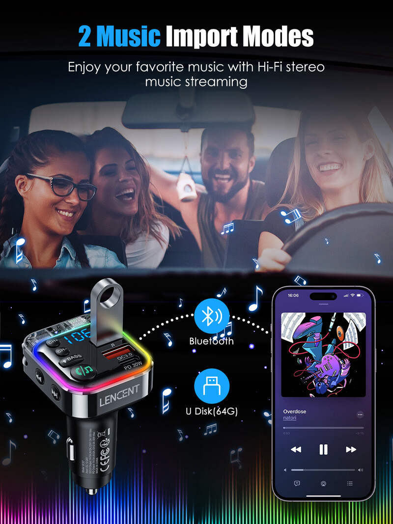 Transmițător FM LENCENT Bluetooth 5.3 cu PD 30W și QC3.0 Încărcător rapid Adaptor auto Bluetooth Muzică Hi-Fi/Kit auto pentru apelare clară