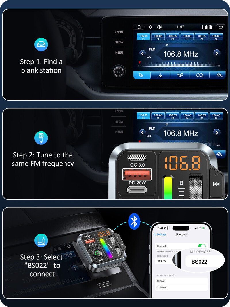 LENCENT Bluetooth 5.3 FM трансмитер Bluetooth адаптер за кола с PD 20W & QC3.0 бързо зарядно устройство Hi-Fi музика Адаптер за комплект за свободни ръце