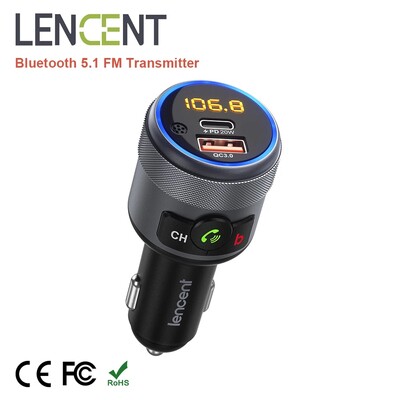 LENCENT FM siųstuvas automobilinis Bluetooth 5.1 moduliatorius su C tipo PD 20W ir QC3.0 18W automobiliniu greitu įkrovikliu MP3 grotuvo radijo automobilinis rinkinys