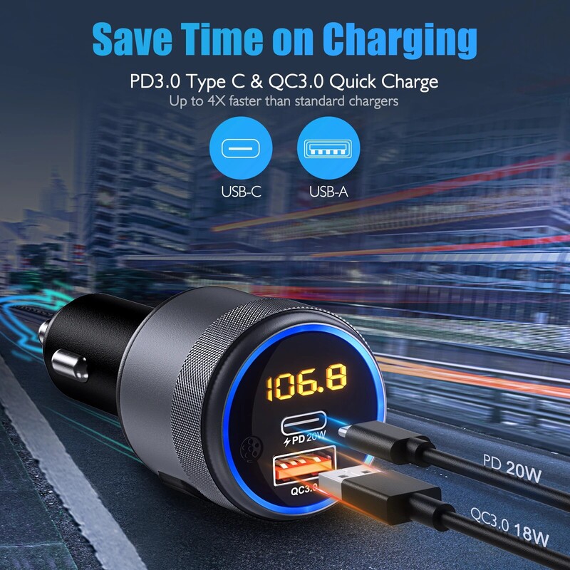 Transmițător FM LENCENT Modulator Bluetooth 5.1 pentru mașină cu tip C PD 20W și QC3.0 18W Încărcător rapid pentru mașină Player MP3 Radio Kit auto