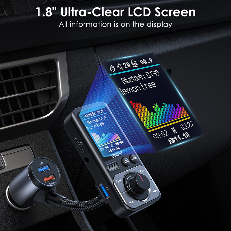 Modulator transmițător FM LENCENT Bluetooth 5.0 cu 2 porturi USB QC3.0 Încărcător rapid pentru mașină, player MP3, emițător radio, Kit auto