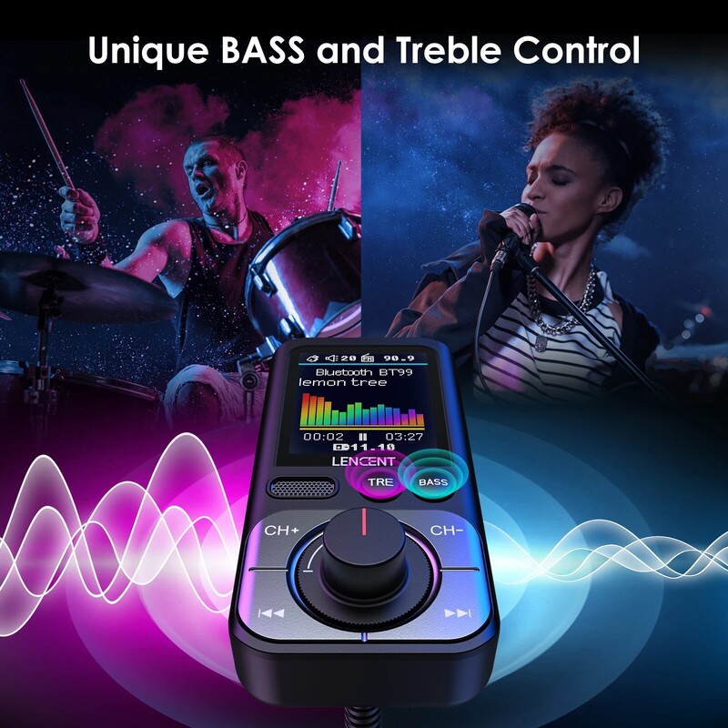 Modulator transmițător FM LENCENT Bluetooth 5.0 cu 2 porturi USB QC3.0 Încărcător rapid pentru mașină, player MP3, emițător radio, Kit auto