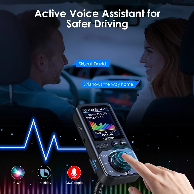 Modulator transmițător FM LENCENT Bluetooth 5.0 cu 2 porturi USB QC3.0 Încărcător rapid pentru mașină, player MP3, emițător radio, Kit auto