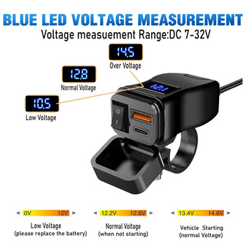 PD QC3.0 Μοτοσικλέτα USB Fast Charger 60W Τιμόνι Διπλή υποδοχή USB με διακόπτη βολτόμετρο αδιάβροχο τροφοδοτικό 12V