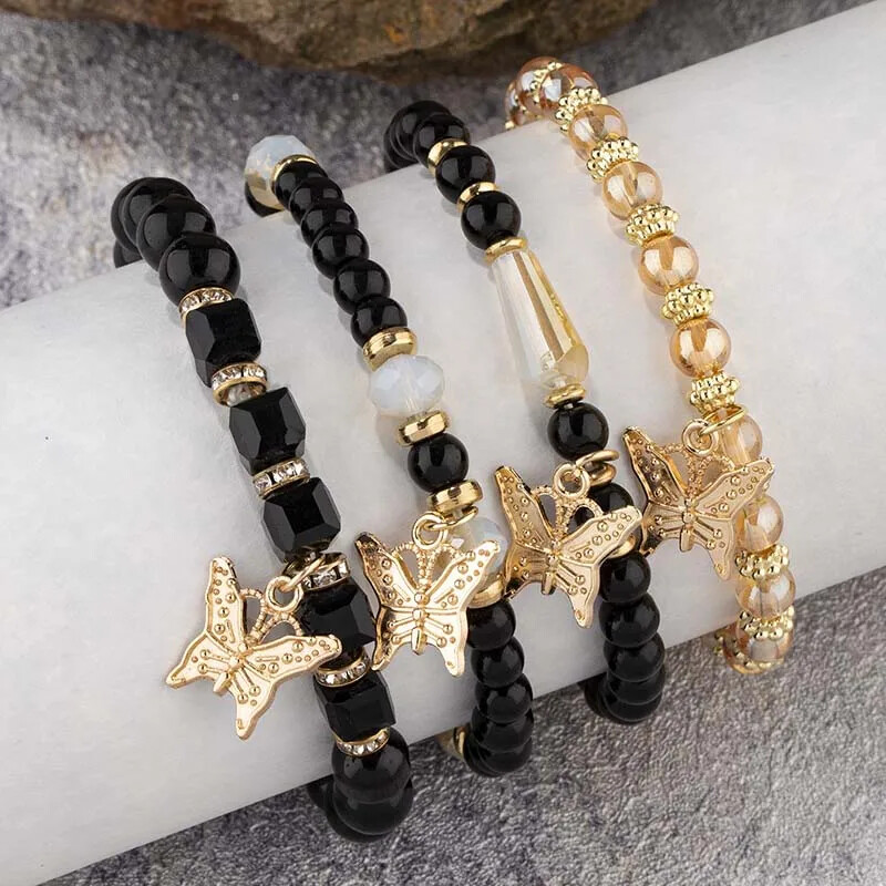4Pcs Bohemia Butterfly Charm Narukvice Set Za Žene Akrilne Perle Elastične Lančane Narukvice Muške Narukvice Modni Party Nakit Poklon